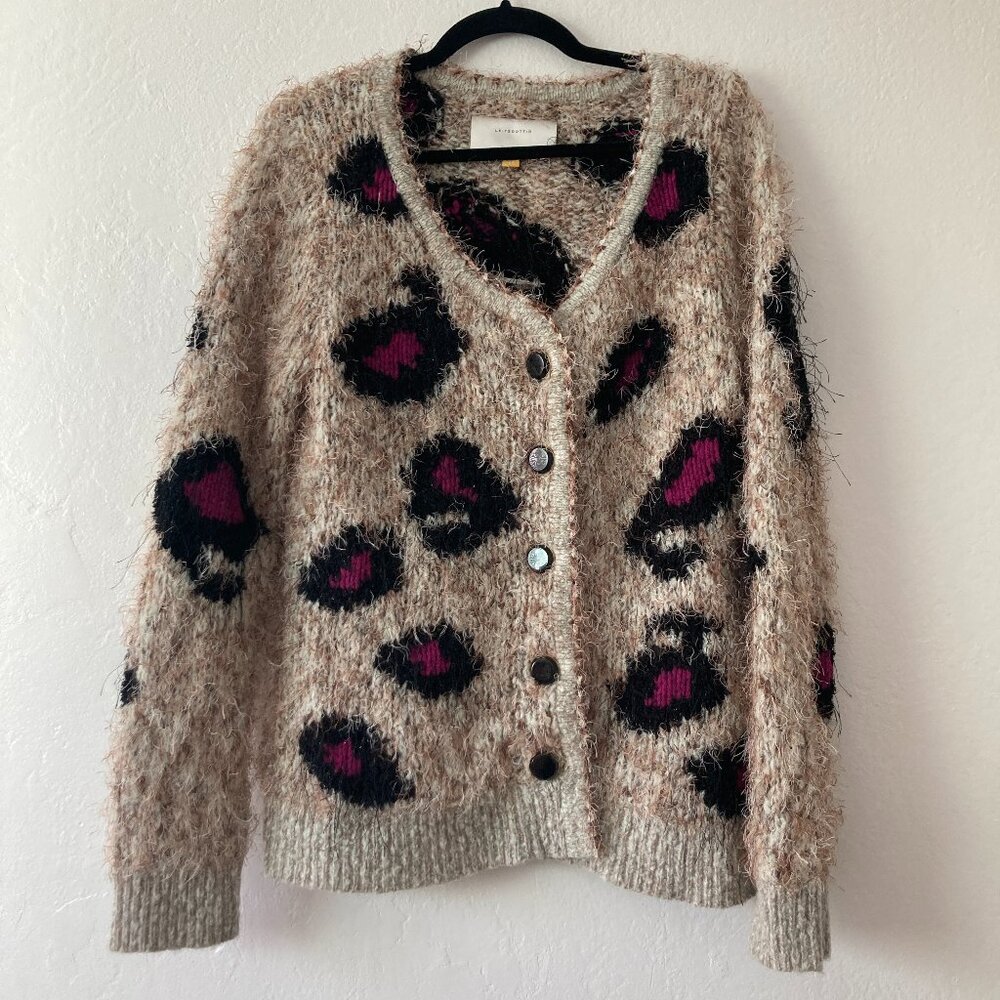 leifsdottir Beige Fuzzy Cardigan with Black and Magenta Leopard Spots